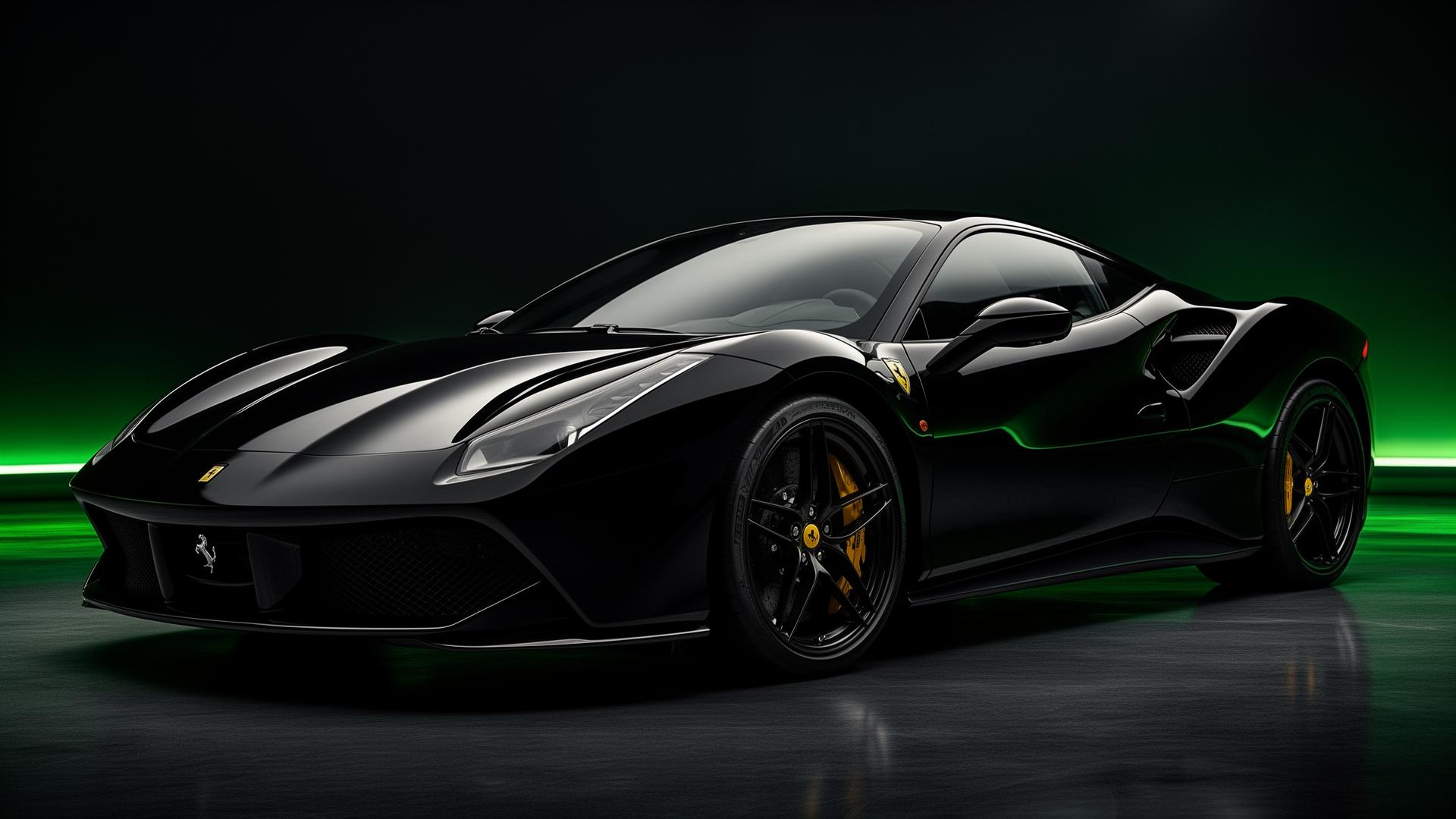 Glossy black Ferrari-style sports car shining like it just left the showroom floor